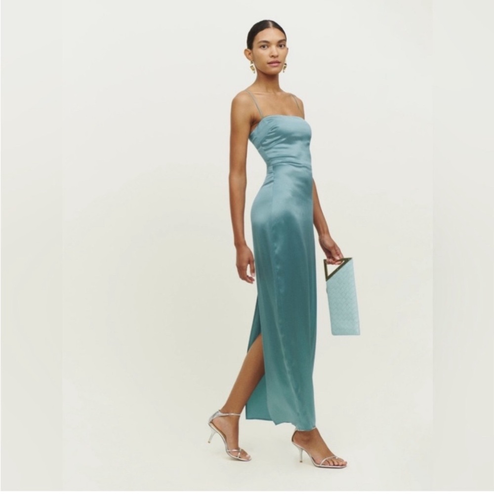 REFORMATION Frankie Silk Maxi Dress Verdigris Blue Gray Size 8 NWT